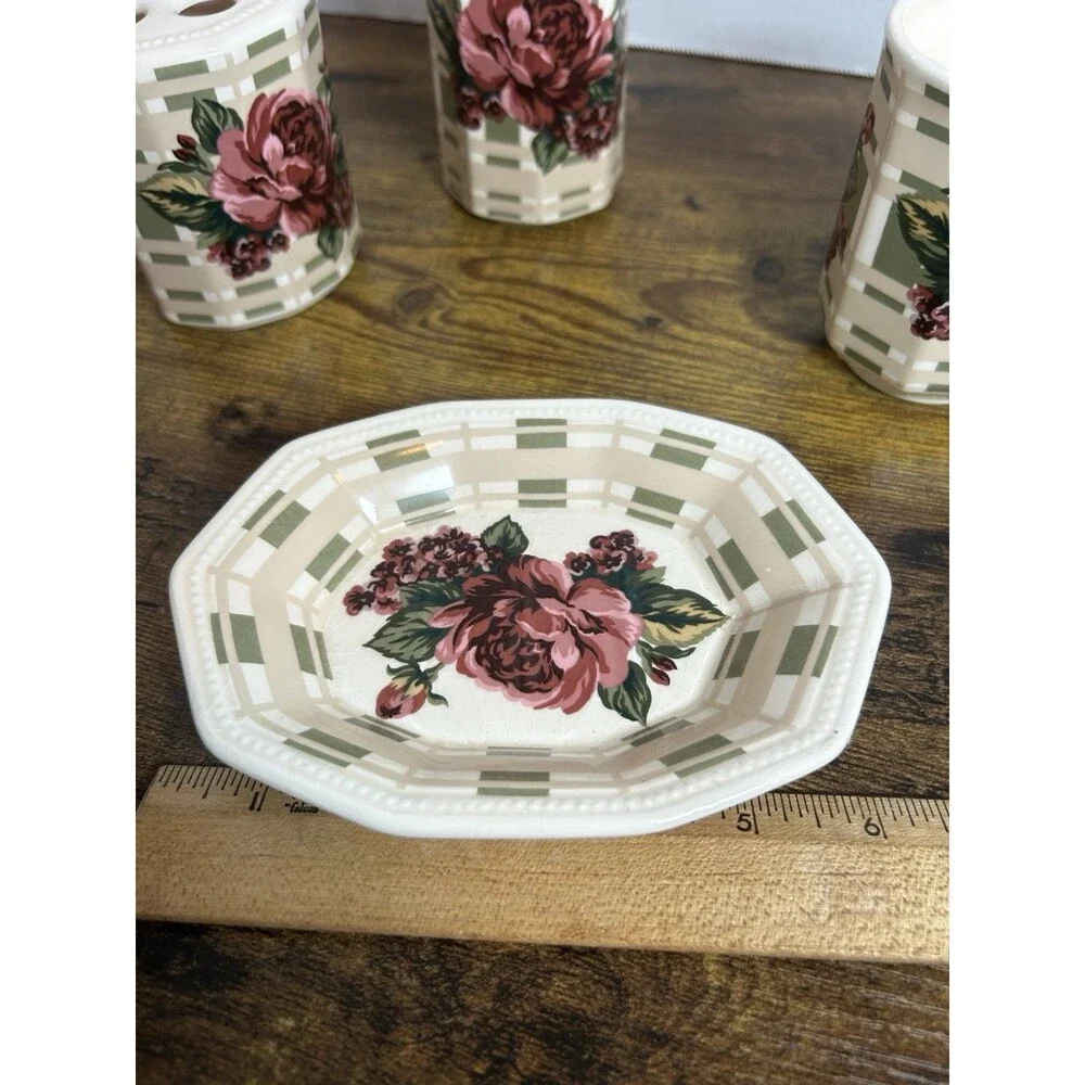 Vintage Water Works Co Floral Rose 4 Pc Ceramic Bathroom Vanity Set Cottagecore